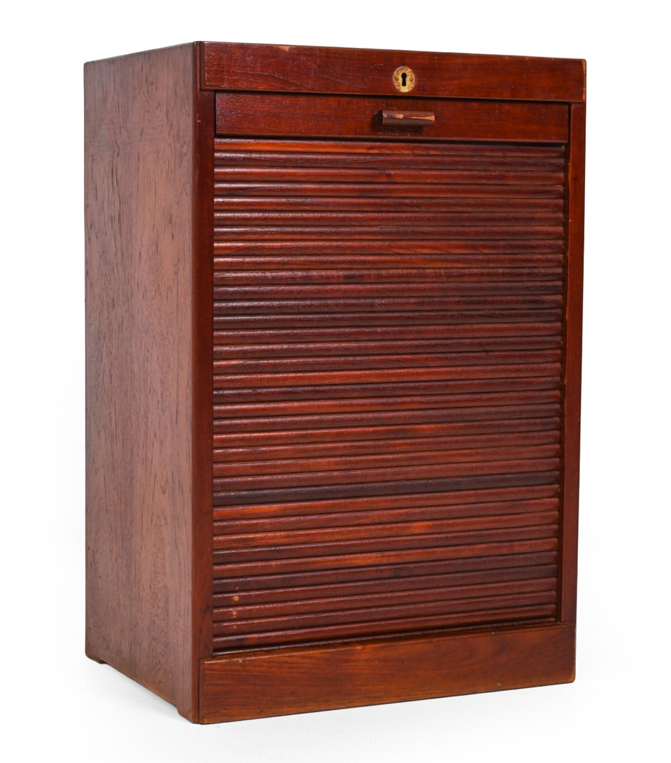KP MOBLER DANISH TEAK TAMBOUR CABINET C. 1950S: Key included. teak tambour cabinet with slatted door, upper lock and drawers inside. Marked to frame. Denmark, Circa 1950s. Dimensions: H 30'' x W 20'' x D 16" Condition: Wear consistent with age and 