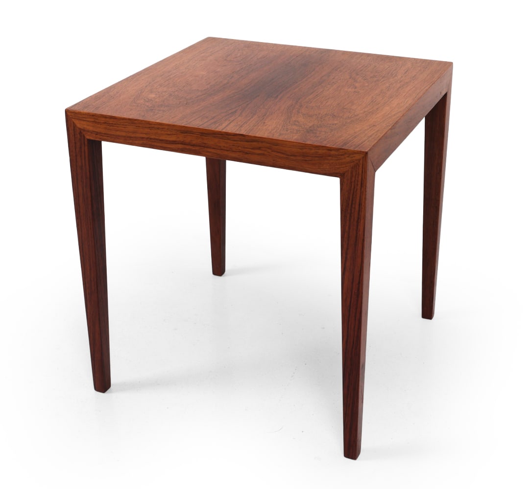 SEVERIN HANSEN DANISH ROSEWOOD SIDE TABLE: Marked underneath. Denmark, Circa 1960s Dimensions: H 19.75" x W 18.5?x D 18.5? Condition: Few Scratches to legs and top. Wear consistent with age and use. L003