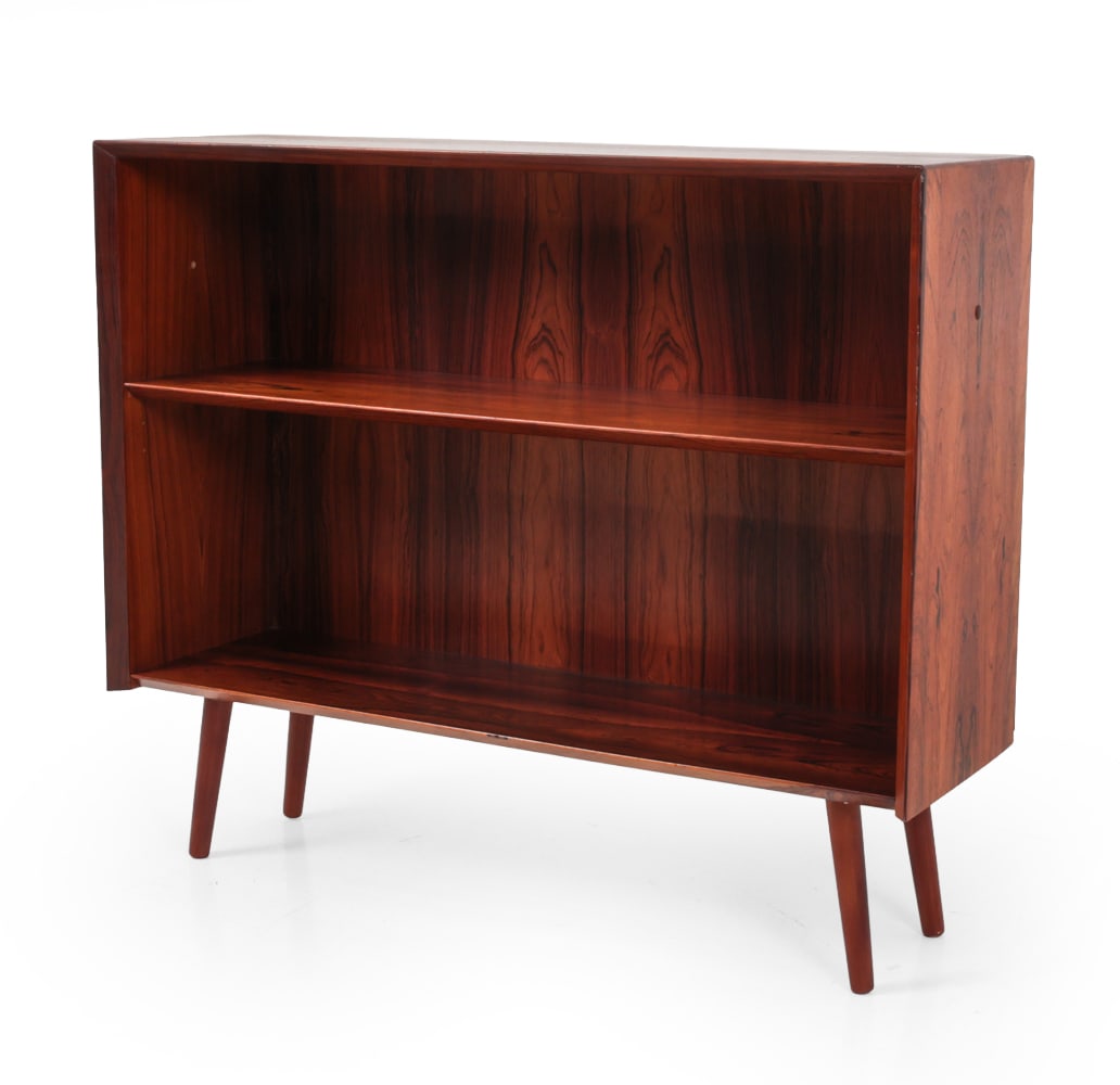 DANISH MID-CENTURY ROSEWOOD BOOKCASE: Rosewood veneer frame with adjustable shelves, circa 1970s Dimensions: H 33.5 x W 29.5 ? x D12 ? Condition: Wear consistent with age and use. Scuffs and scratches. L076