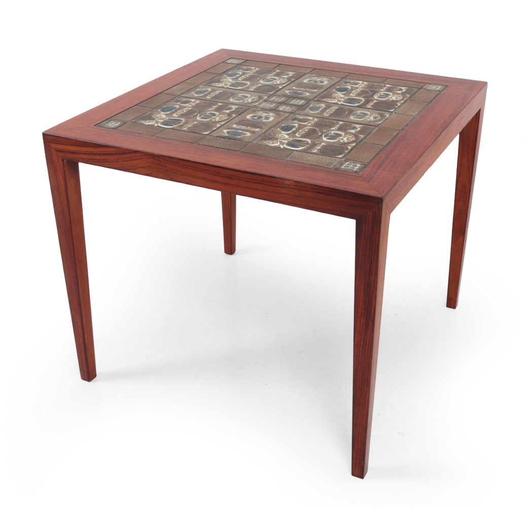 SEVERIN HANSEN ROSEWOOD & TILE COFFEE TABLE 1960S: Designed by Severin Hansen for Haslev Mobelsnedkari. Tiles are Royal Copenhagen. Rosewood with inlaid tiles. Marked underneath and tile top. Denmark, circa 1960s. Dimensions: H 20" x W 23.25? x D 23.2