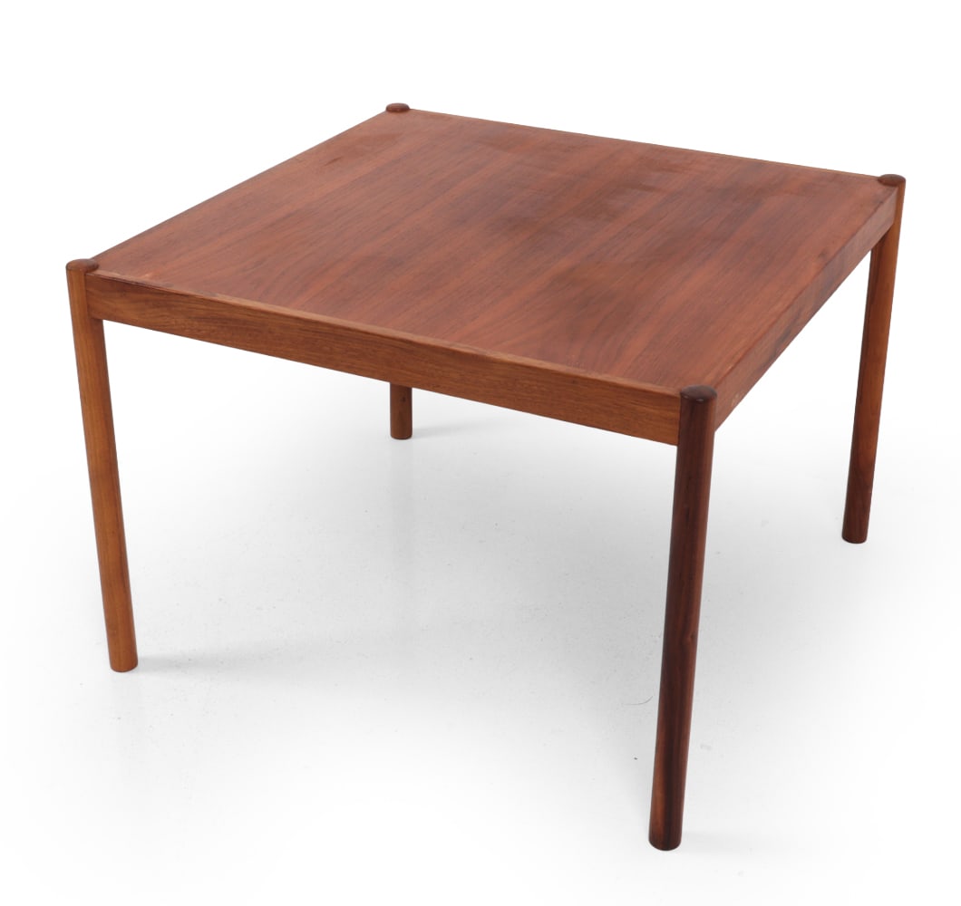 ATTR. MAGNUS OLESEN DANISH TEAK SIDE TABLE 1960S: Apparently unmarked. Denmark, circa 1960s. Dimensions: H 18 "x W 25.25? x D 25.25? Condition: Some sun fading, scratches and nicks. Wear consistent with and use.