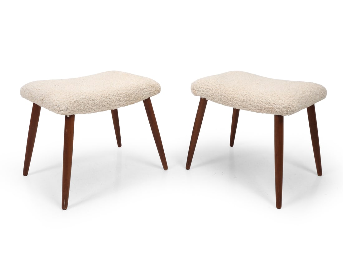 PAIR WIKKELSO STYLE DANISH BOUCLE OTTOMANS 1960S: Pair of stools with boucle upholstery and tapered legs. Denmark, circa 1960s. Dimensions: H 16.5" x W 19? x D 14? Condition: Some scuffs and scratches. Wear consistent with age and use. L072