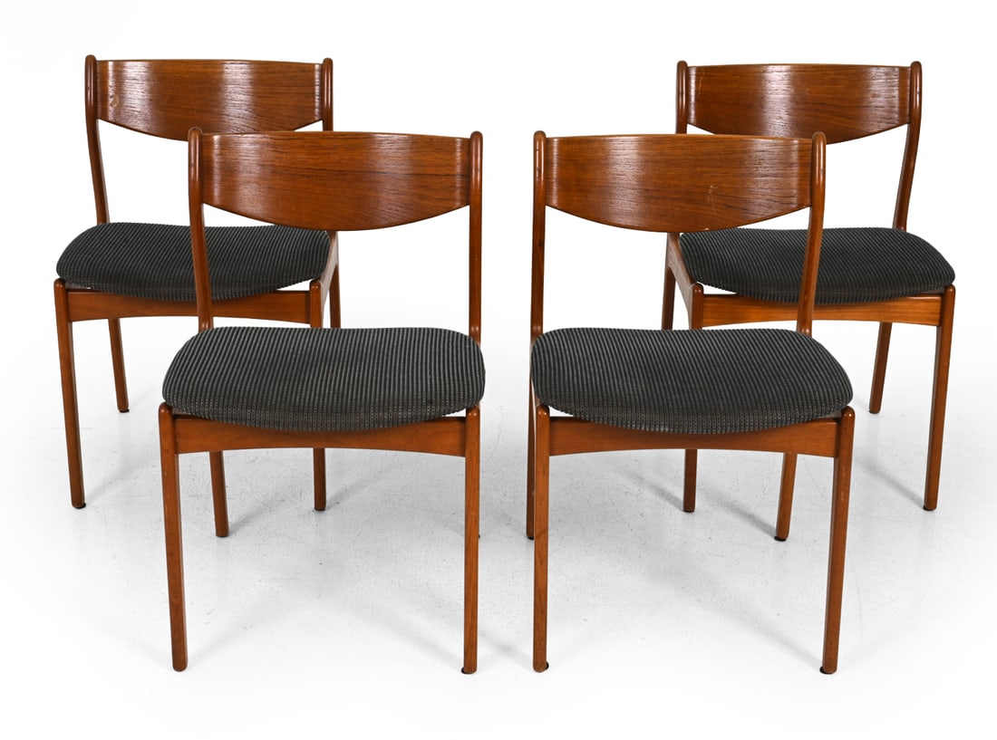 (4) ERIK BUCH DANISH TEAK DINING CHAIRS C. 1960S: Apparently unmarked. Denmark, circa 1960s Dimensions: H 30.5" x W 19" x D 21.5" x SH 19.5" Condition: Staining/discoloration, scuffs and scrapes to frames. Sun fading. Wear consistent with age and use