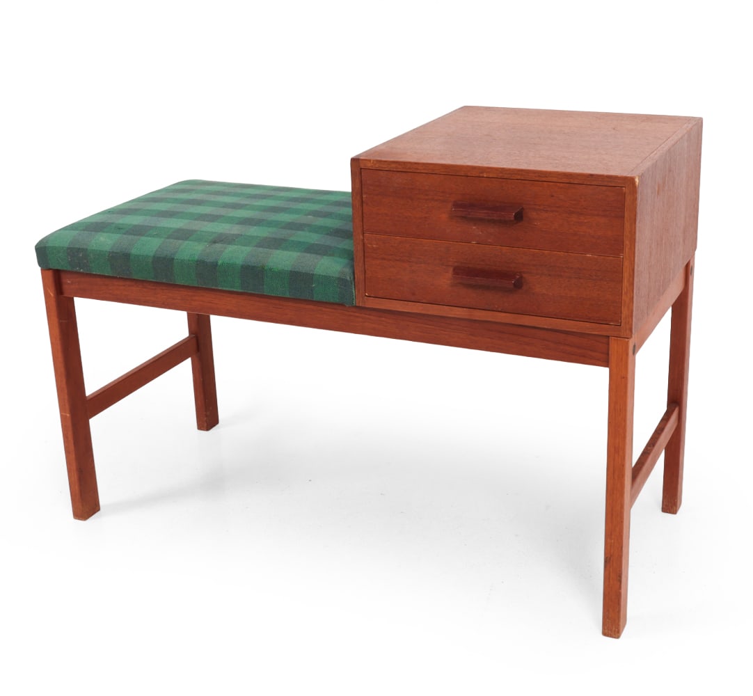 TINGSTROMS SWEDISH TEAK BENCH C. 1960S: Teak with gingham upholstered seat and two drawers. Apparently unmarked. Sweden, circa 1960s. Dimensions: H 23.25" x W 15" x D 15.75? Condition: Loss of wood to top corner, few nicks chips and