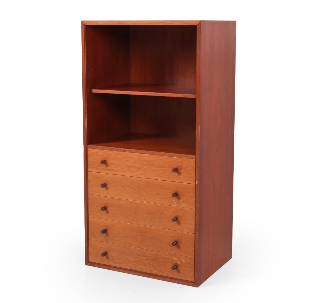MOGENSEN STYLE DANISH TEAK BOOKCASE C. 1960S: Teak bookcase with open upper shelving and five drawer chest. Denmark, circa 1960s. Dimensions: H 39.5" x W 20.25" x D 14.25" Condition: Some scuffs and scratches. Wear consistent with age and use.