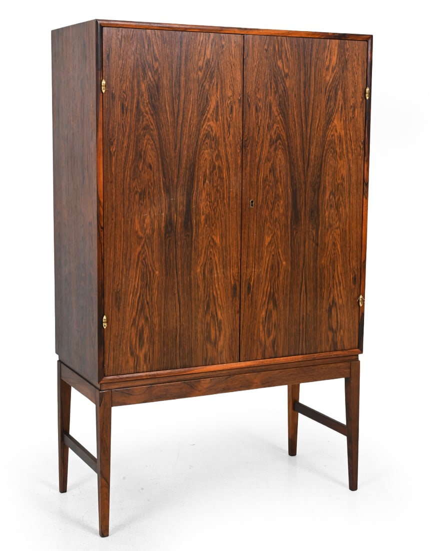 BORGE MOGENSEN STYLE ROSEWOOD BAR CABINET C. 1960S: Rosewood with interior bar and storage. Frosted mirror inside. Denmark, circa 1960s. Dimensions: H 53" x W 32.5? x D 15? Condition: A few scuffs, fading, and discoloration. Wear consistent with age