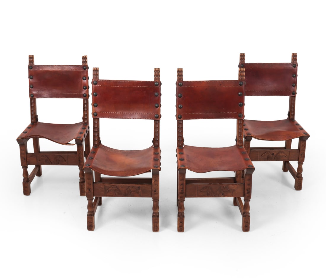 SPANISH REVIVAL LEATHER & OAK CHAIRS C. 1960S (1 of 1)