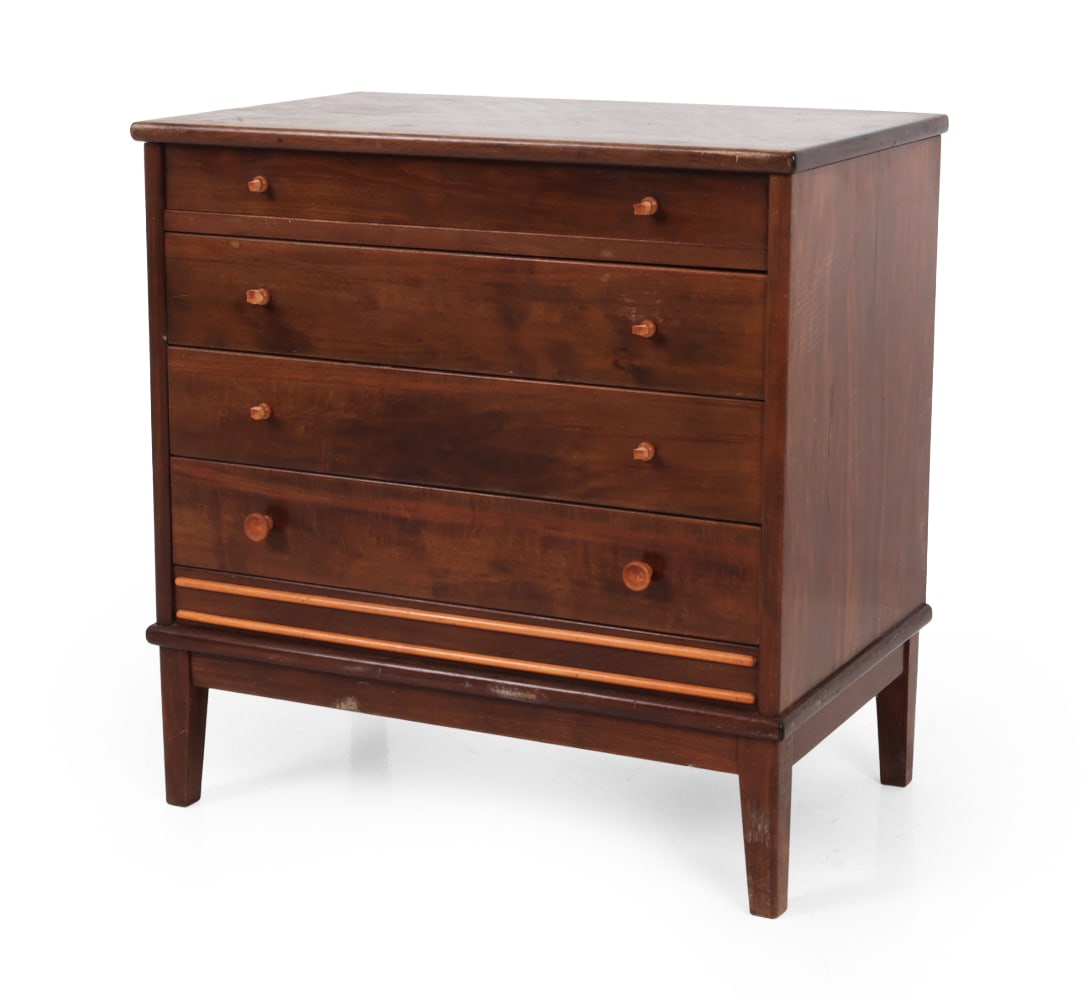 MID-CENTURY DANISH VANITY CHEST C. 1960S: Chest with a flip-top lid featuring a mirror. Apparently unmarked. Dimensions: H 29" x W 28.5" x D 18.5" Condition: Losses to pulls. In need of restoration. Underside of top with veneer losses and