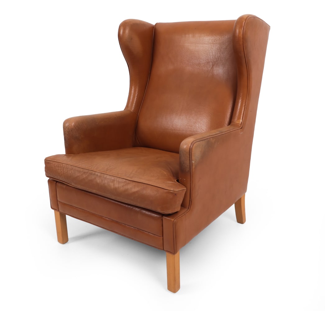 STYLE OF MOGENSEN DANISH LEATHER WINGBACK CHAIR (1 of 1)