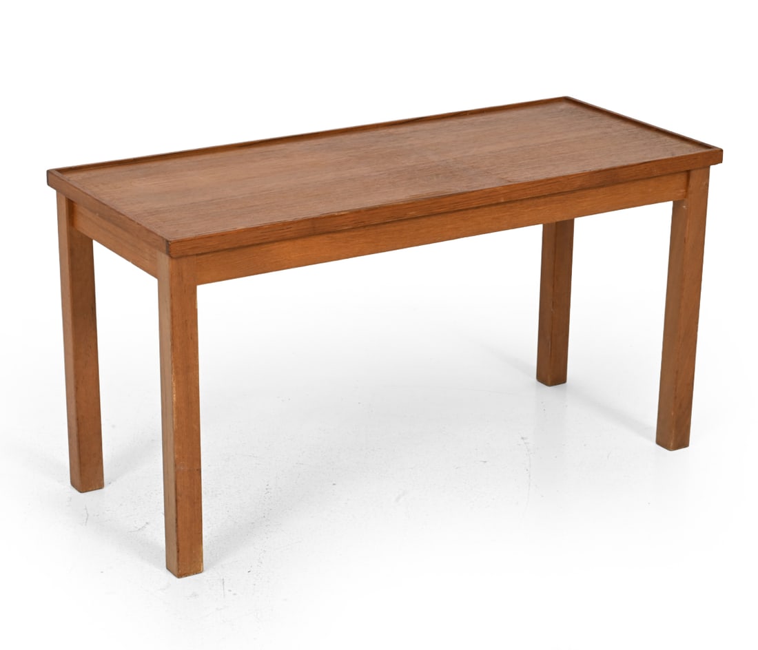 DANISH TEAK COFFEE OR SIDE TABLE C. 1960S: Rectangular top with raised edge and straight square legs. Denmark, Circa 1960s. Dimensions: H 16.5'' x W 31.5'' x D 13.5" Condition: Few scratches and scuffs to finish. Wear consistent with age and u