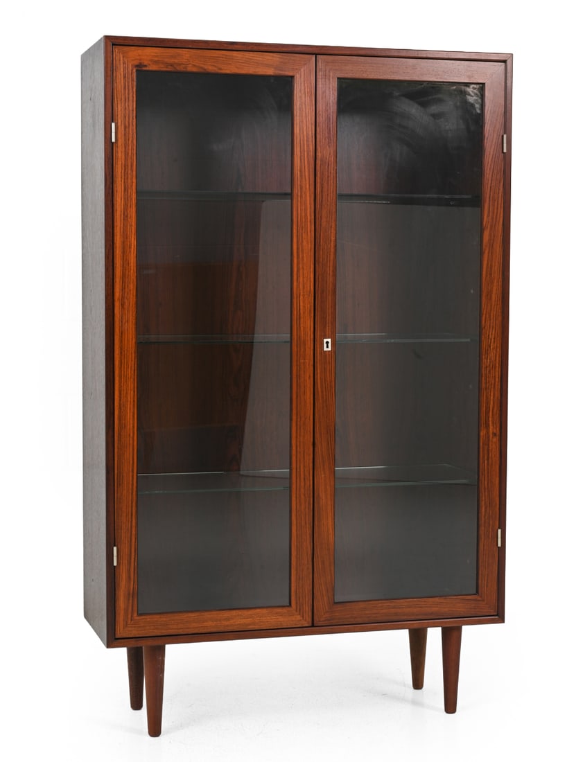 HJORNEBO DANISH ROSEWOOD DISPLAY CABINET 1960S: Key Included. Rosewood display cabinet by Hjornebo Mobelfabrik with doubled glass doors. Marked to back. Denmark, circa 1960s. Dimensions: H 55'' x W 34'' x D 12" Condition: Showing signs of wear cons
