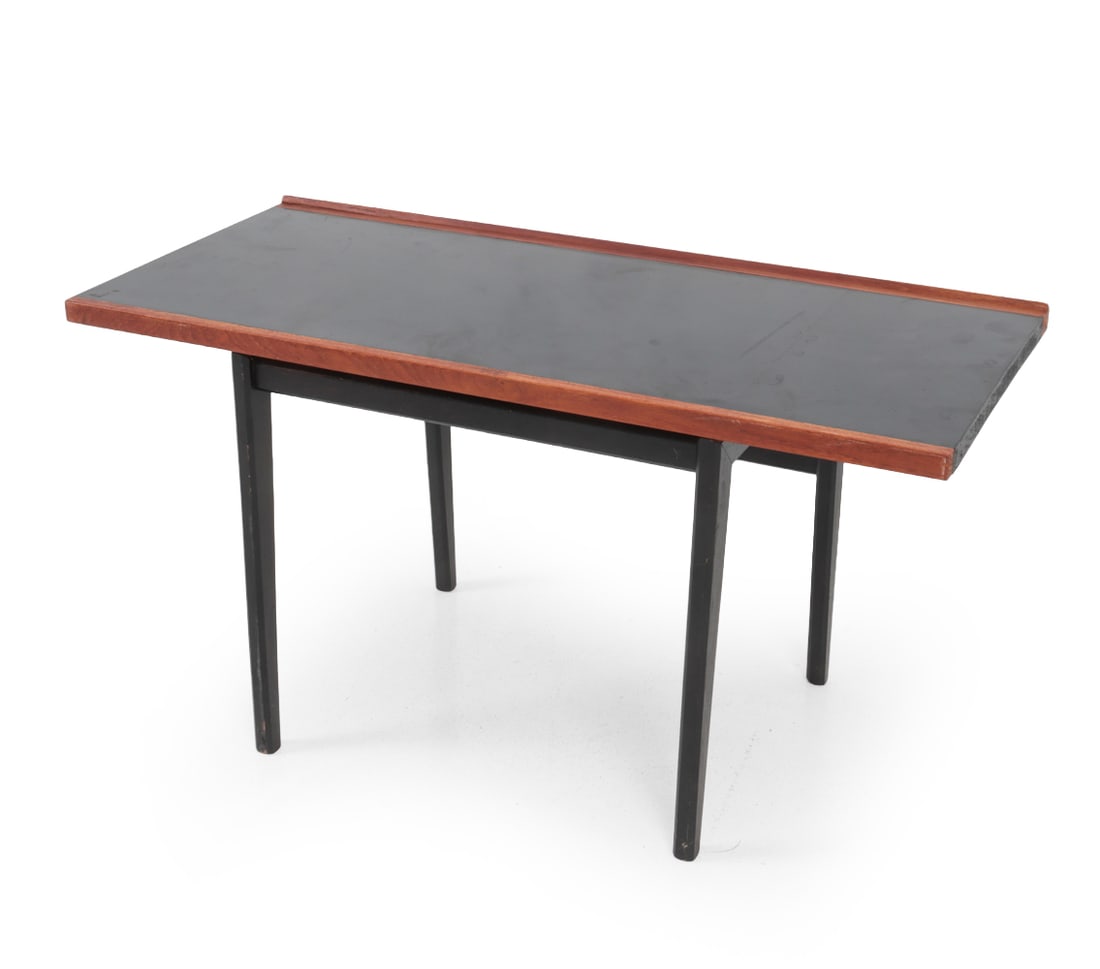 WEGNER STYLE DANISH TEAK COFFEE TABLE C. 1960S: Teak with black finished legs and top. Denmark, circa 1960s. Dimensions: H 16" x W 30.25? x D 14" Condition: Few marks and scratches to top. Scuff to back of table. Loss of finish. Wear consistent wit