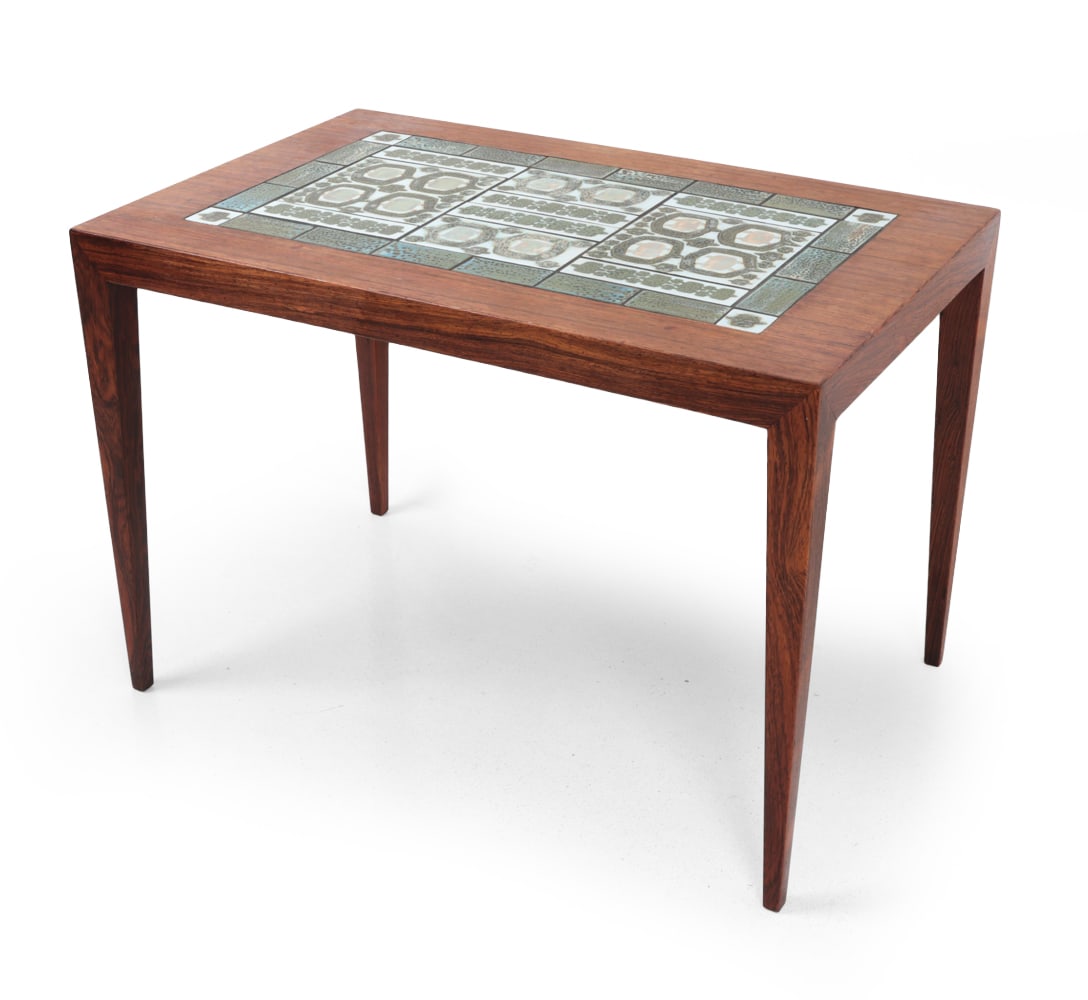 SEVERIN HANSEN HASLEV ROSEWOOD TILE TOP TABLE: DESCRIPTION UPDATED SHORTLY Danish Mid Century rosewood table, with tapered legs and ceramic tile inset top. Makers label and numbered to underside. Circa, 1960s Dimensions: H 19 " x W 27.75 ? x D 17.