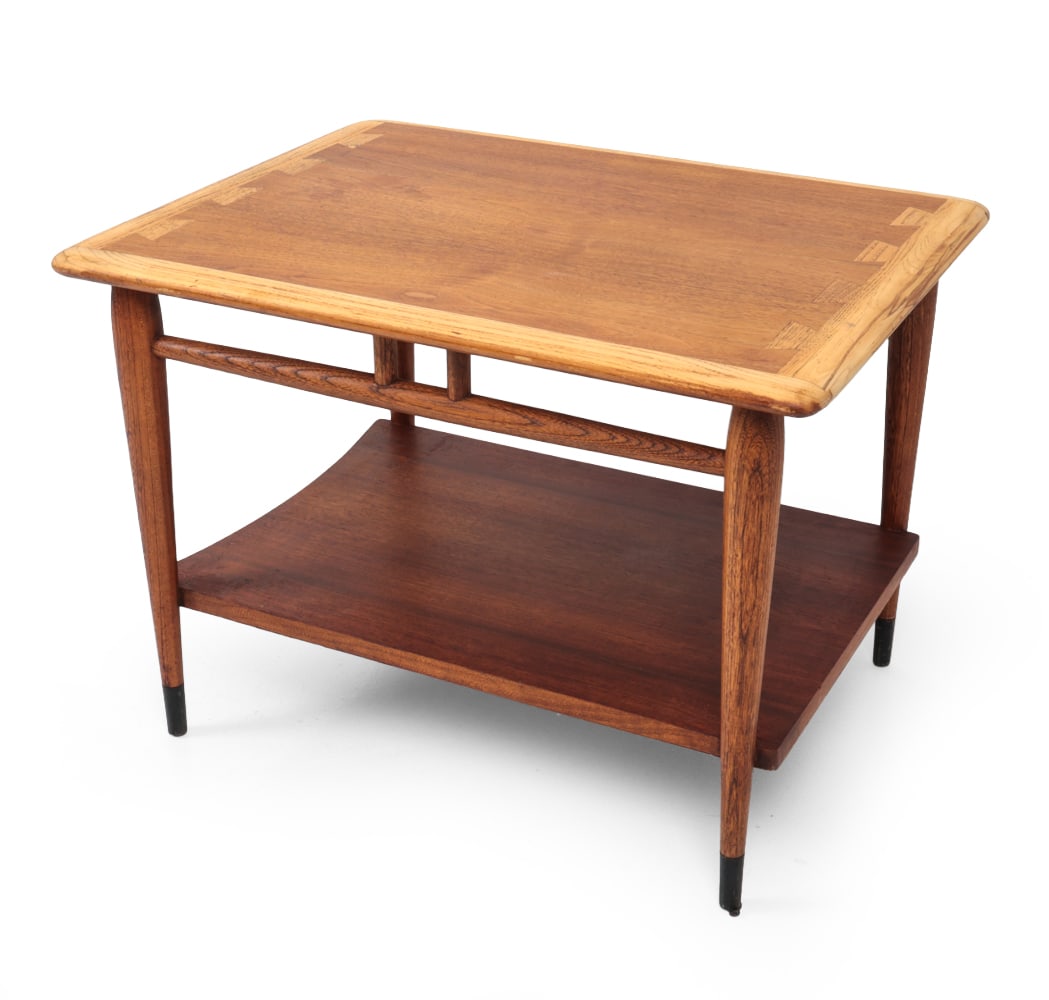 ANDRE BUS FOR LANE WALNUT SIDE TABLE C. 1960S: American walnut side table with ash inlays on top and lower shelf. Serial number marked underneath. Circa 1960s. Dimensions: H 20" x W 27.5" x D 20.5" Conditions: Sun fading, scratches , some scuffs a