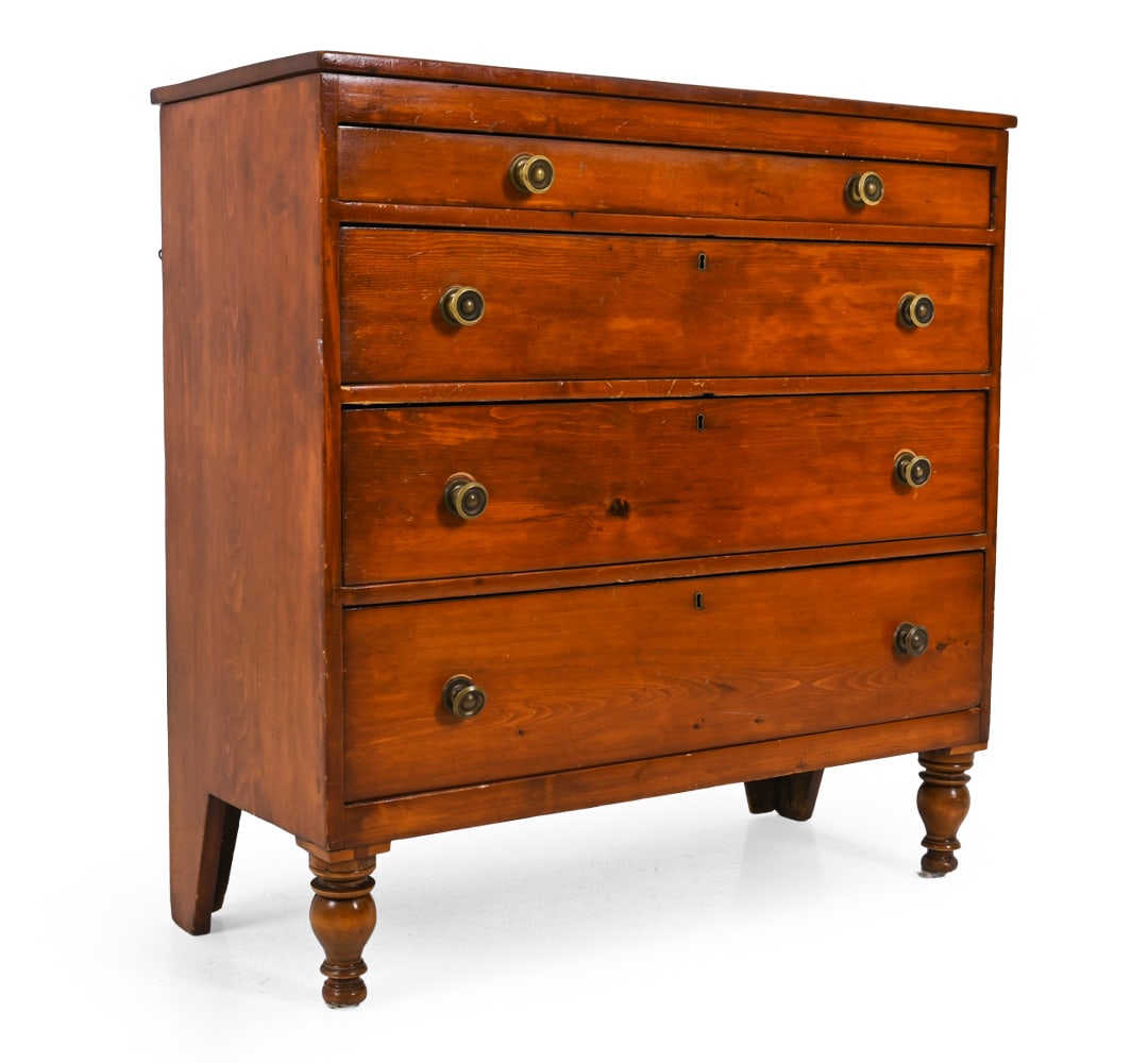 19TH C. SHERATON STYLE CHERRY CHEST OF DRAWERS: Cherrywood chest of drawers with brass pulls. Dimensions: H 43" x W 42.5" x D 19.75" Condition: No key included. Fading and discoloration. Scratches and scuffs to front. Chips and finish loss to