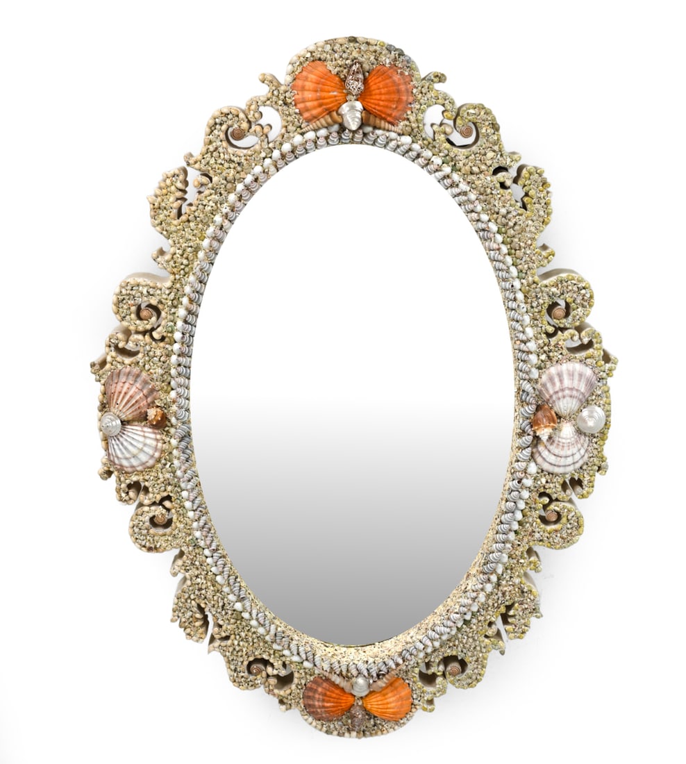 LARGE DECORATIVE SHELL FRAME WALL MIRROR: Large mirror with a variety of shells attached around the frame. Apparently unmarked. Dimensions: H 62" x W 44" x D 4" Condition: Missing some shells, small losses to shells, spots of soiling around