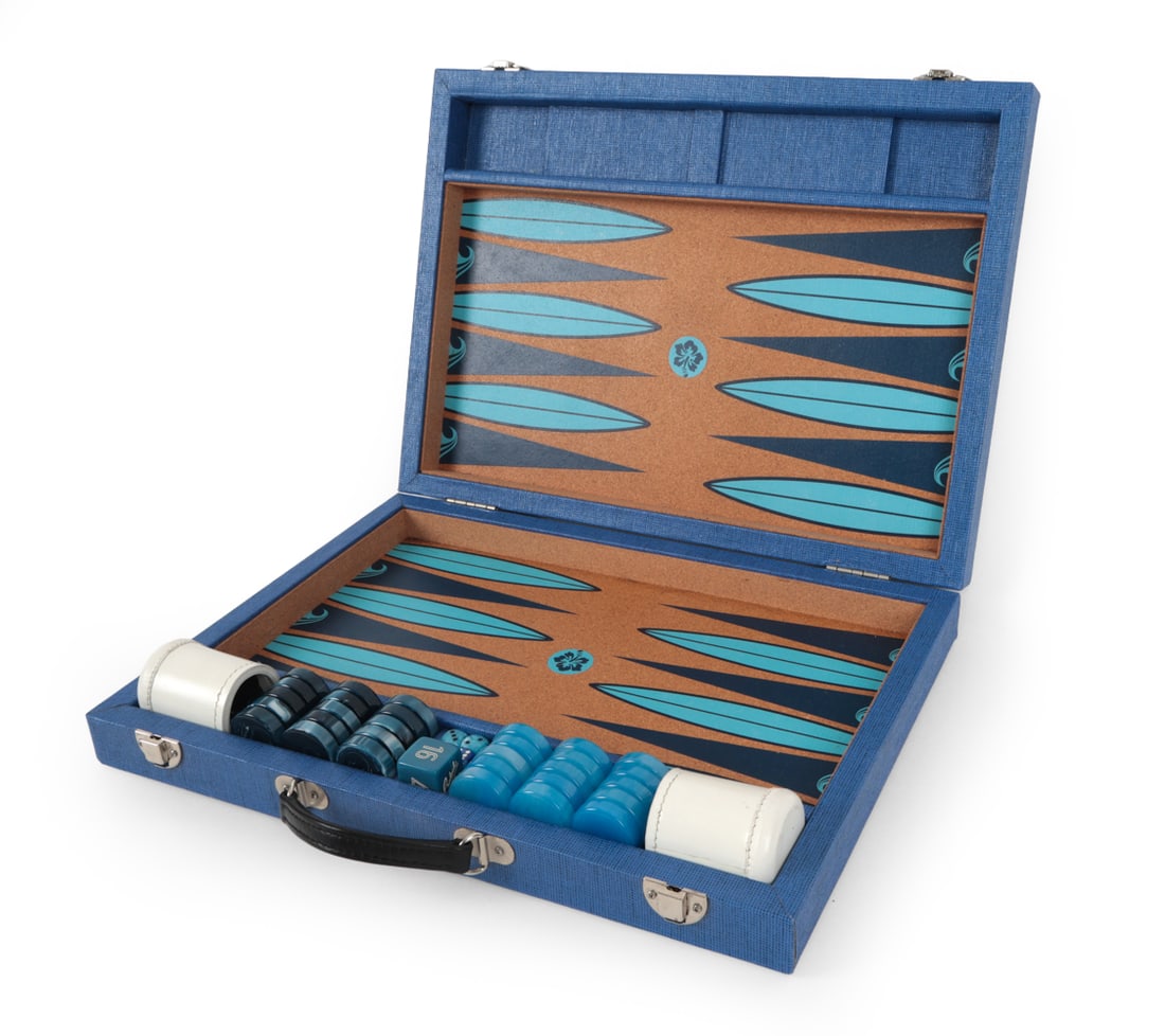 CRISLOID ATTACHE BACKGAMMON SET: Blue case with cork lined interior, plastic game pieces. Marked on interior. Purportedly a 2020 Crisloid Islander tournament attache backgammon set. Dimensions: H 3.5 " x W 30.25" x D 20.5" Condition: