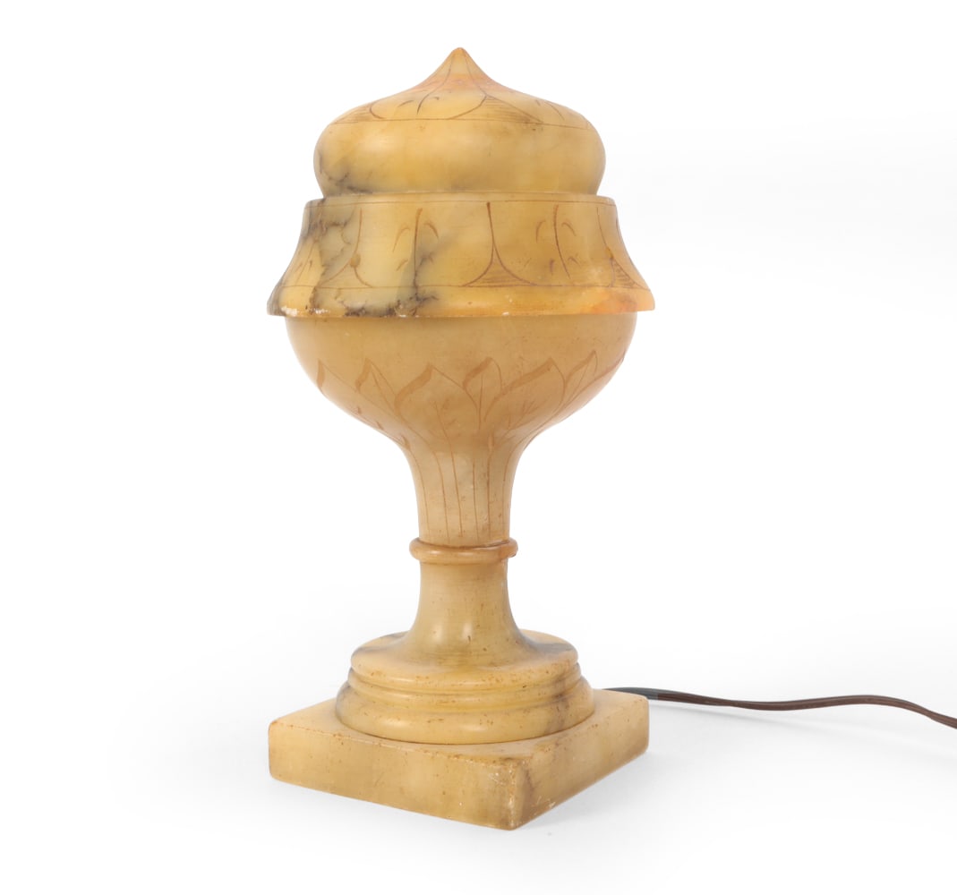NEOCLASSICAL STYLE ALABASTER TABLE LAMP: Yellow alabaster table lamp with removable top shade. Apparently unmarked. Dimensions: H 10" x W 6" x D 6" Condition: Wiring untested. Wear consistent with age and use including nicks and small losses