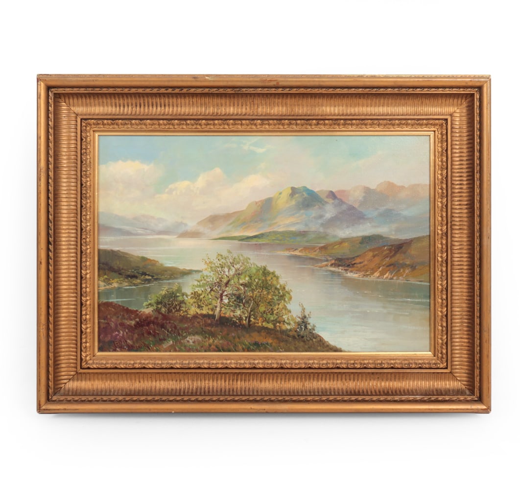 F. E. JAMIESON (BRITISH, 1895-1950) LANDSCAPE O/C: Painting depicts vivid colors with mountains and a river. Signed lower left corner. Information on verso. Dimensions: (Frame) H 23.75 " x W 31.5 " (Sight) H 15.25" x W 23.35" Condition: Small losses