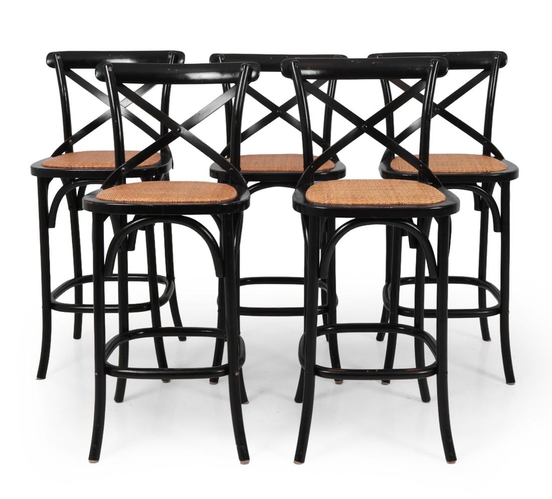 (5) BENTWOOD & CANED COUNTER STOOLS: Bistro-style counter stools with caned seats and black painted bentwood. Apparently unmarked. Contemporary. Dimensions: H 42" x W 19.5" D 21" x SH 28.5" Condition: Nicks chips and scratches, some