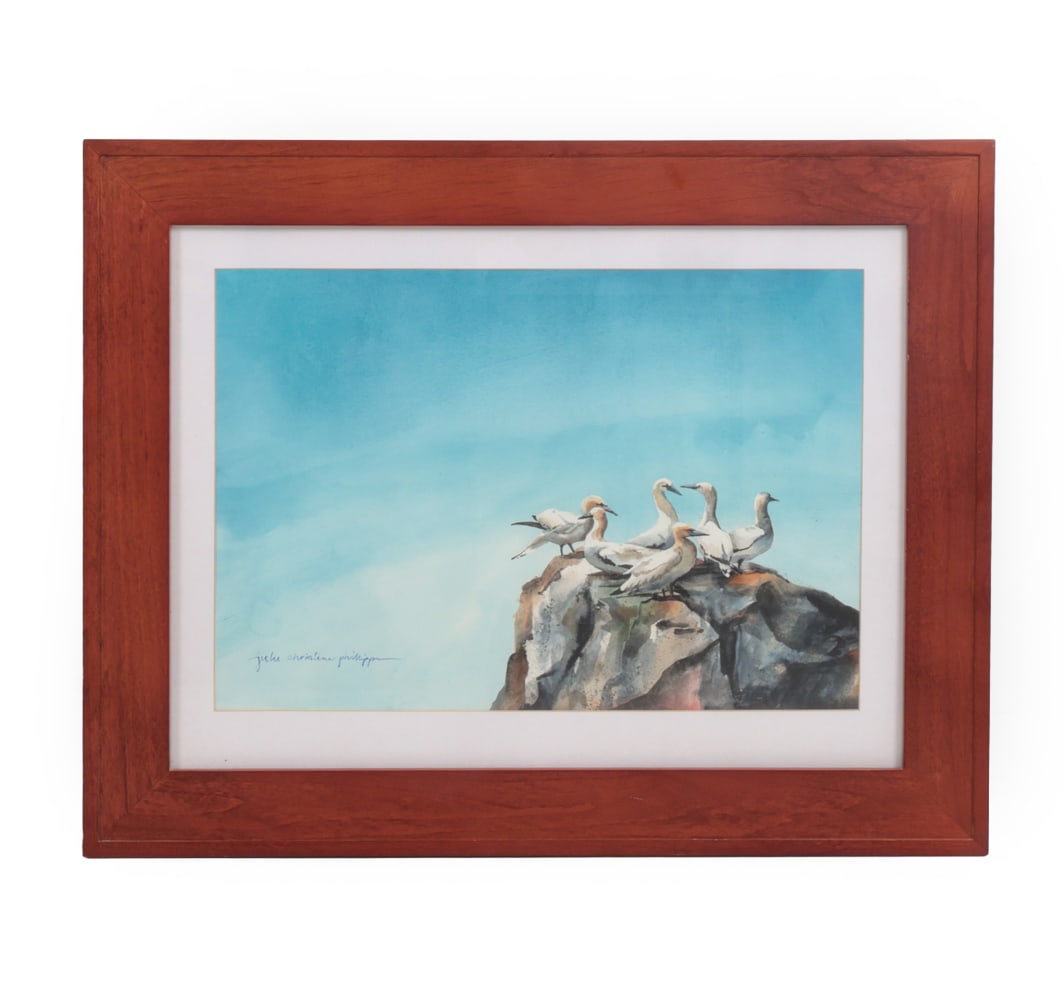 JULIE CHRISTINE PHILIPS WATERCOLOR OF BIRDS: Watercolor of birds sitting atop a rock with a light blue sky. Signed lower left and titled "A Company of Gannets on backside. Information verso. Dimensions: H 23.25" x W 29.25" (Sight) H 14" x W