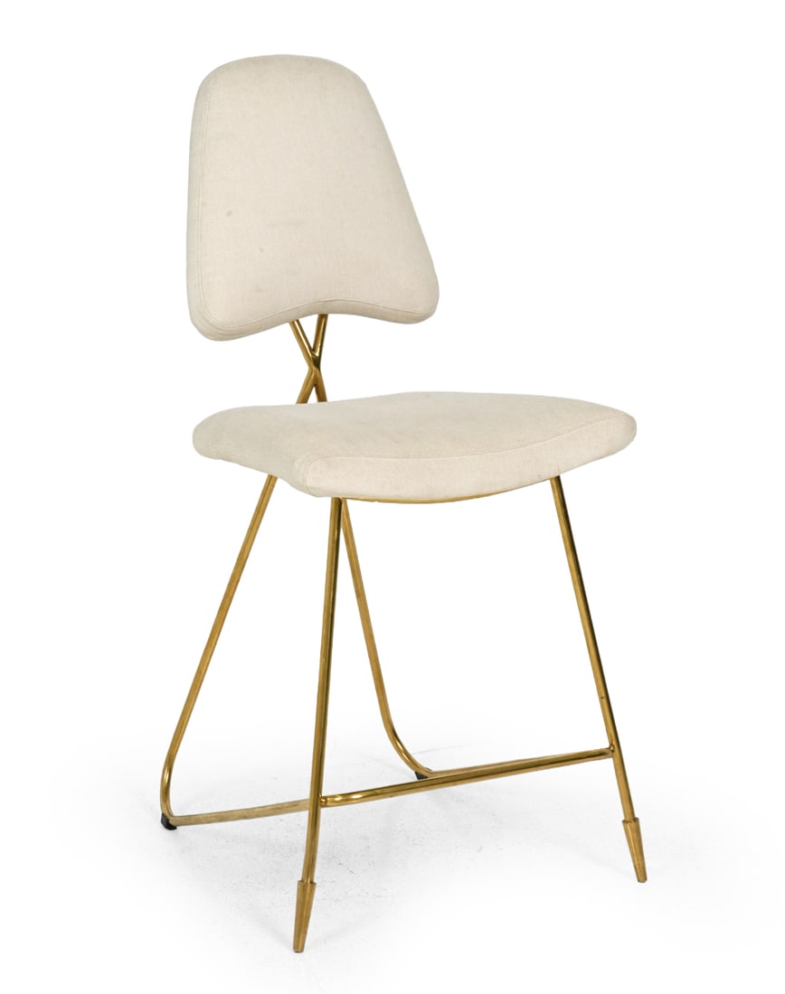 JONATHAN ADLER MAXIME COUNTER STOOL: Cream colored upholstery with tubular brass frame. Part of the Maxime collection. Labeled on underside. Dimensions: H 44'' x W 19.75'' x D 24'' x SH 26" Condition: Discoloration and staining to