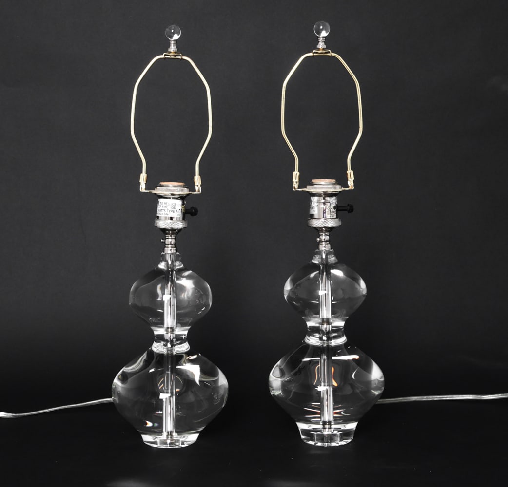PAIR JONATHAN ADLER CLARIDGE LANTERN GLASS LAMPS: Pair of Jonathan Adler Claridge Lantern Crystal table lamps with bulbous shapes. Part of the Claridge collection. Apparently unmarked. Dimensions: H 21.25" x Dia. 6.25" Condition: Wear consistent