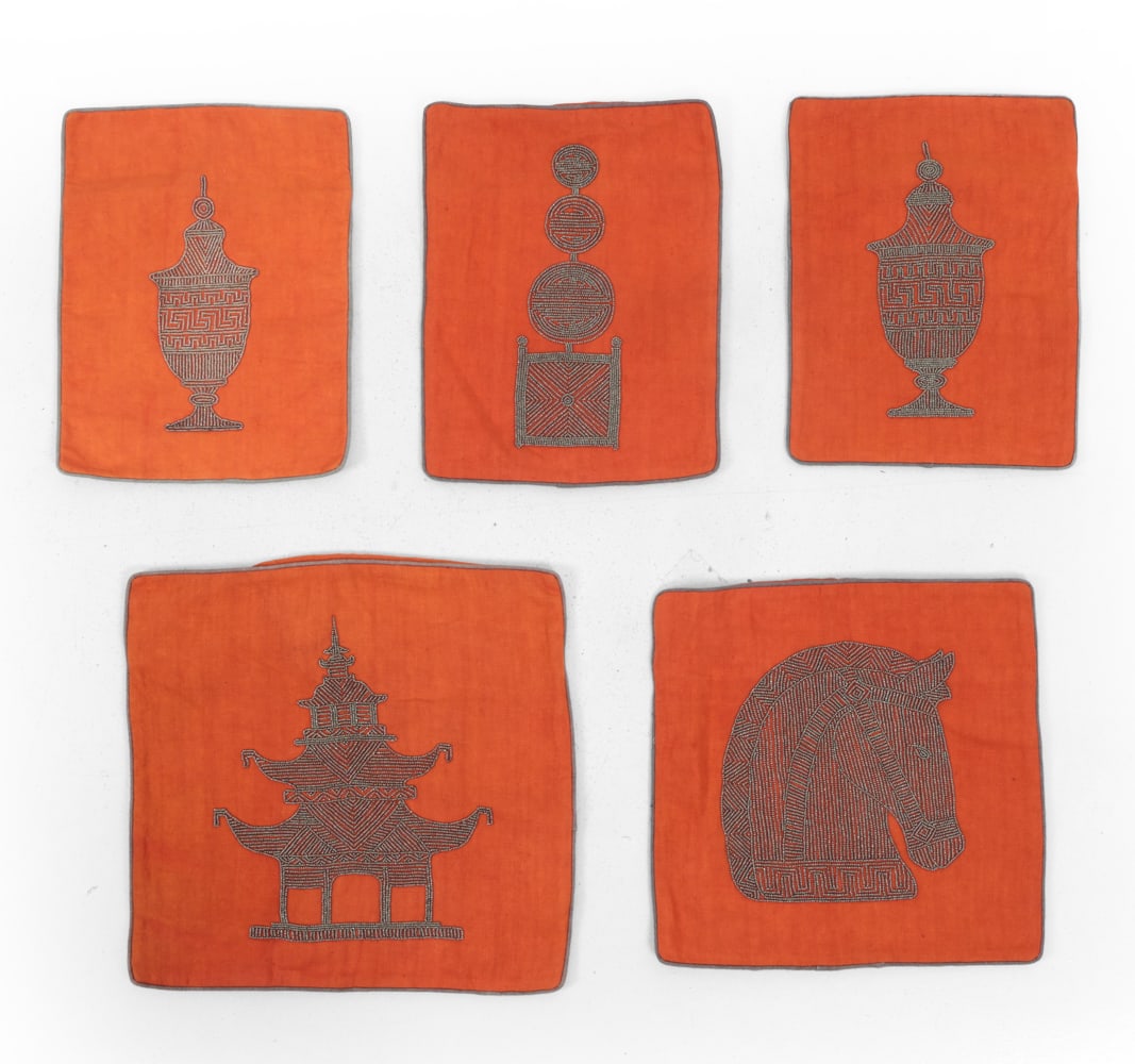 JONATHAN ADLER PILLOWCASE GROUPING: Grouping of (5) pillowcases with beaded embroidery. Apparently unmarked. Dimensions: (Largest) W 18" x D 18" Condition: Tarnish to beads, light marks and surface wear to pillowcases. Wear consistent