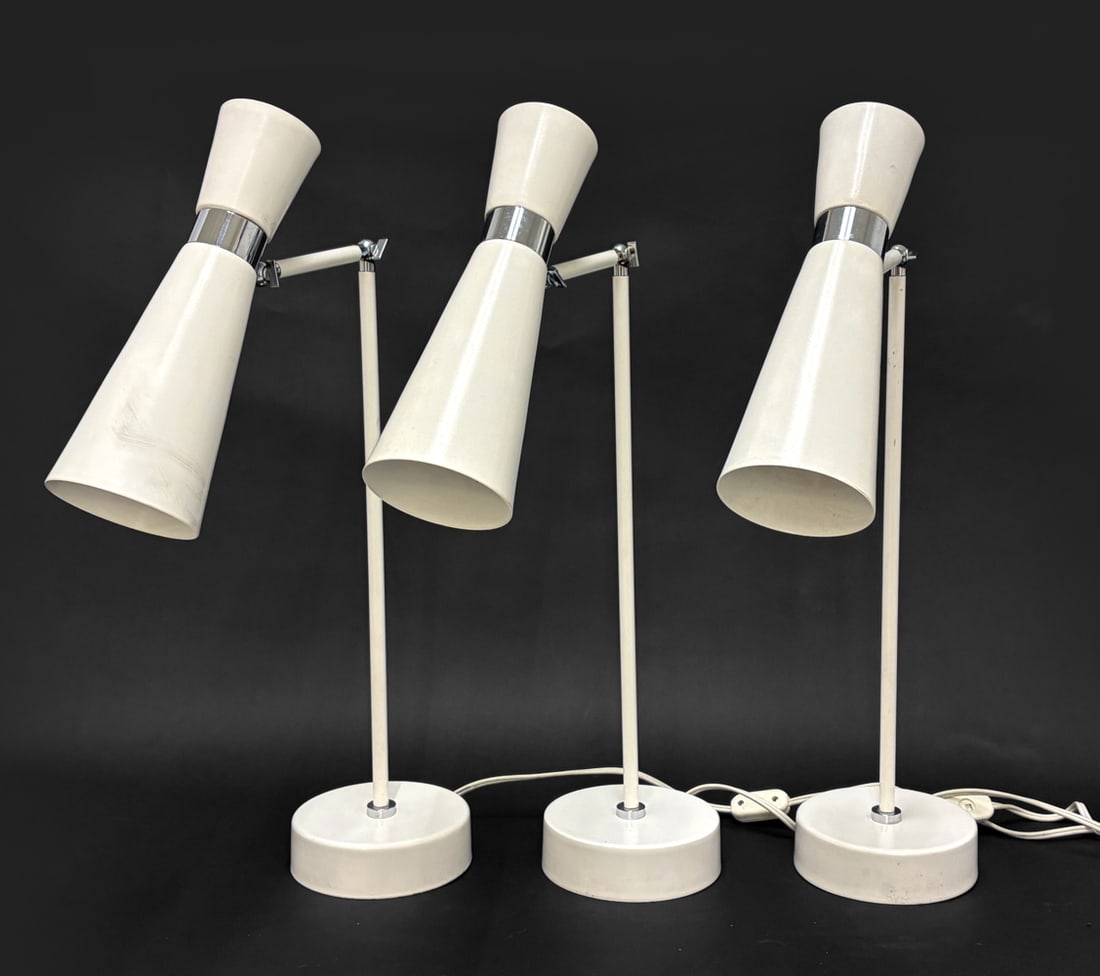 STILNOVO MEGAFONO STYLE TABLE LAMP GROUPING: Grouping of three table/desk lamps. Labeled on bottom Branco Sobre. Contemporary. Dimensions: W 13" x H 24" x (Base) Dia. 6" Condition: Scuffs. Wear consistent with age and use. Wiring untested.