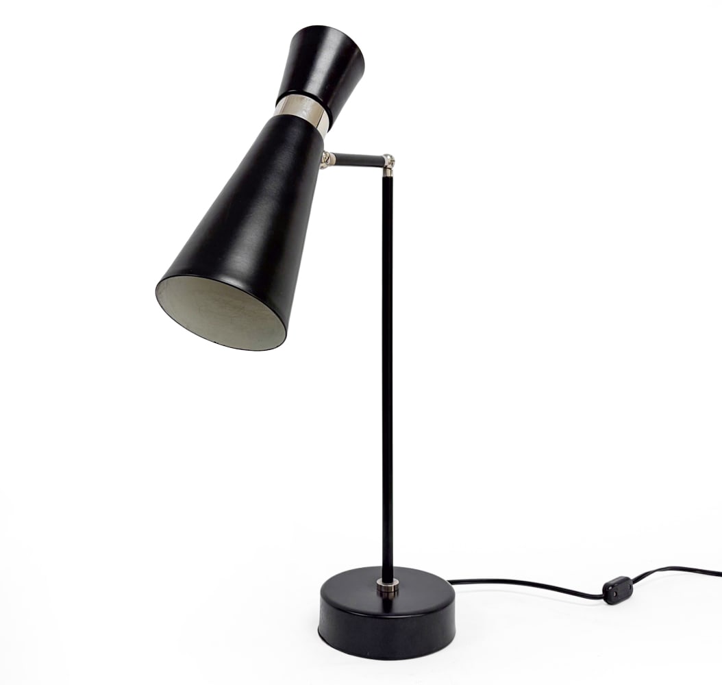 STILNOVO MEGAFONO STYLE TABLE LAMP: Contemporary. Apparently unmarked. Dimensions: W 13" x H 25" x (Base) Dia. 6" Condition: Some scuffs. Wear consistent with age and use. Wiring untested.