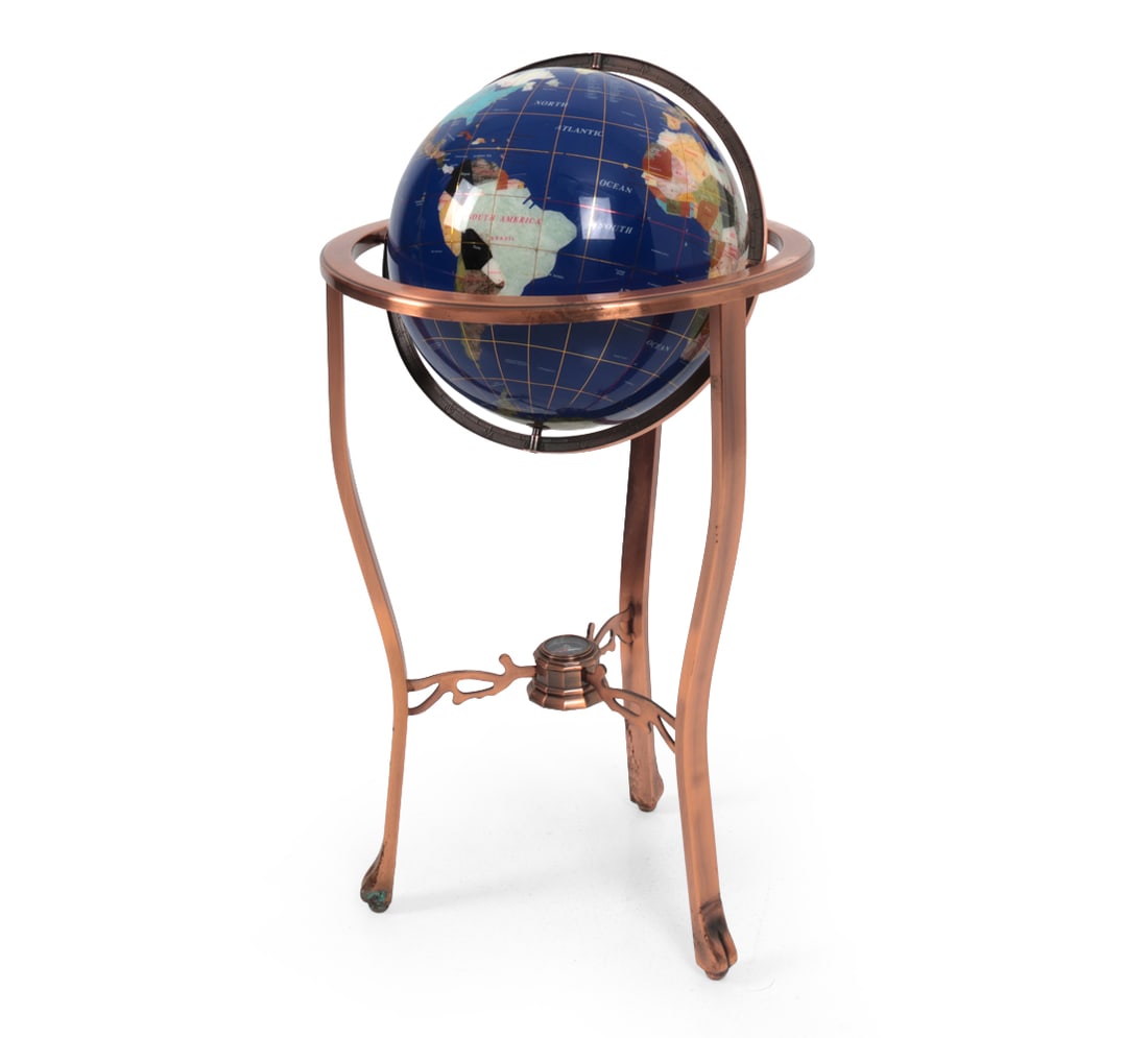 INLAID STONE AND MARBLE STANDING GLOBE: Laminated globe with semi-precious and mineral inlays for each country. Features a working compass at the base. Copper base. Apparently unmarked. Contemporary. Dimensions: H 36" x Dia 19" Condition: S