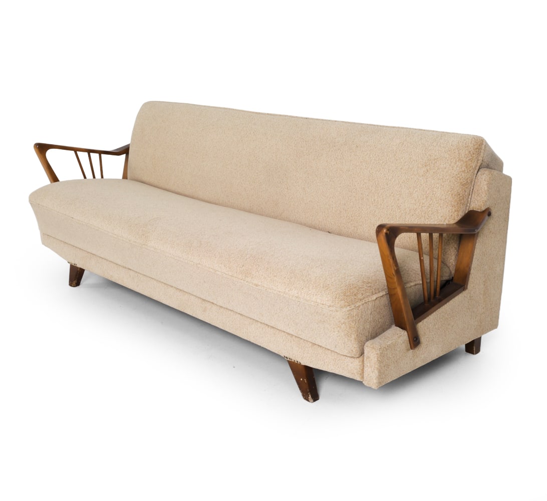 ROYAL BOARD SWEDISH WOOL DAYBED SOFA C. 1960S: Beech frame and wool upholstery. Marked underneath. Sweden, circa 1960s. Dimensions: H 31" x W 78.5" x D 29.75" x SH 17" Condition: Discoloration, wear of finish, and scuffs, especially on arms and