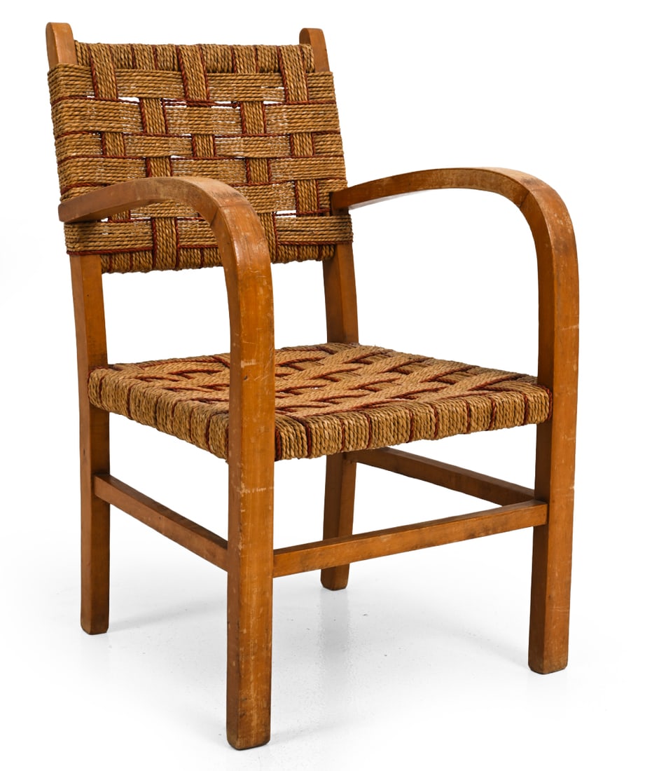 ERICH DIECKMANN BEECH & ROPE CHILDREN'S CHAIR: Bent wood frame and woven rope upholstery. Apparently unmarked. Germany, circa 1930s. Dimensions: H 25" x W 15" x D 14.5" Condition: Wear consistent with age and use. Scuffs, rubs, scratches, fading,