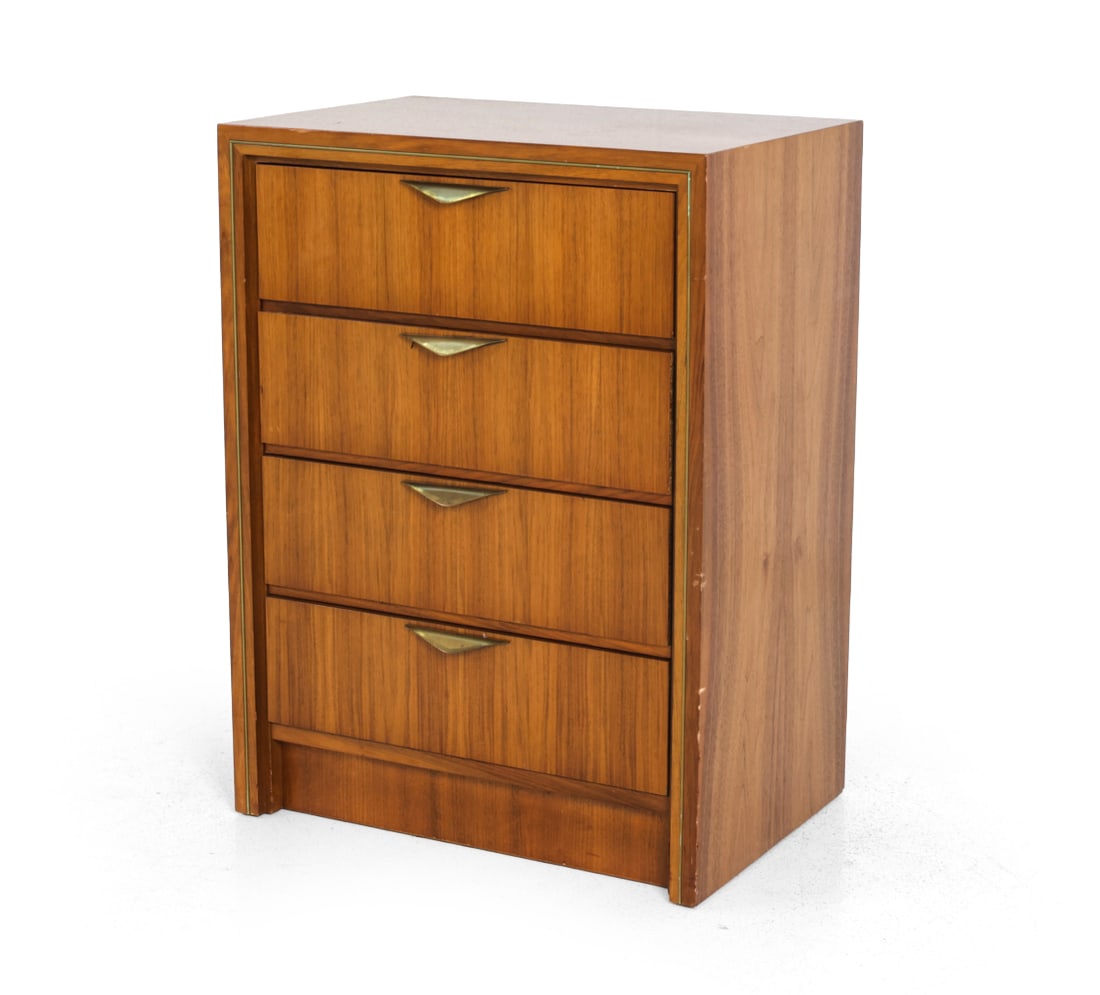 GERMAN WALNUT CHEST OF DRAWERS C. 1950S: Walnut veneer frame and brass pulls. Marked to back. Germany, circa 1950s. Dimensions: H 31" x W 23" x D 16" Condition: Rubs, dings, small gouges to proper right side bottom edge, Some losses to
