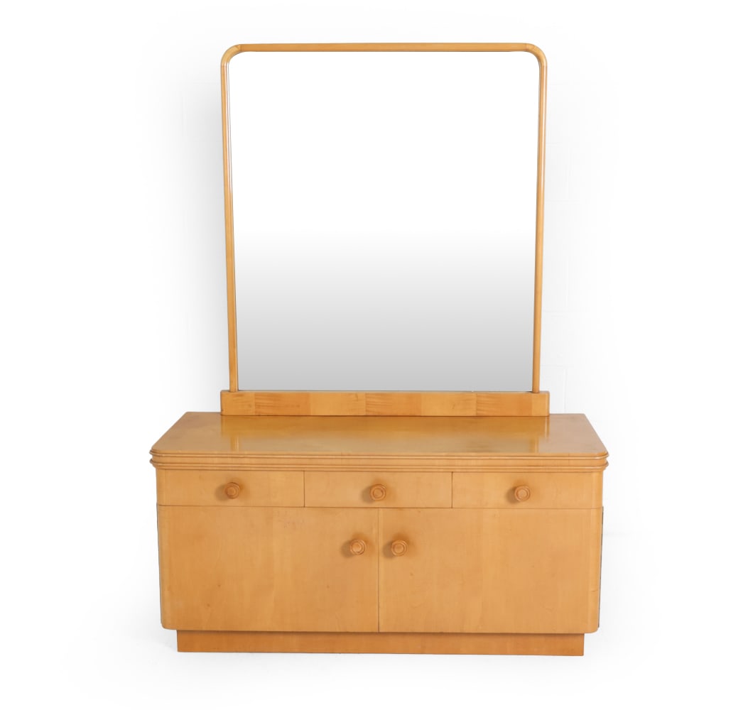 DECO STYLE GERMAN BEECH DRESSER & MIRROR 1960S: Dressing cabinet with mirror in beech frame. Germany, circa 1960s. Dimensions: H 23.5" x W 47" x D 18.25" Condition: Scuffs and wear of finish. Wear consistent with age and use.