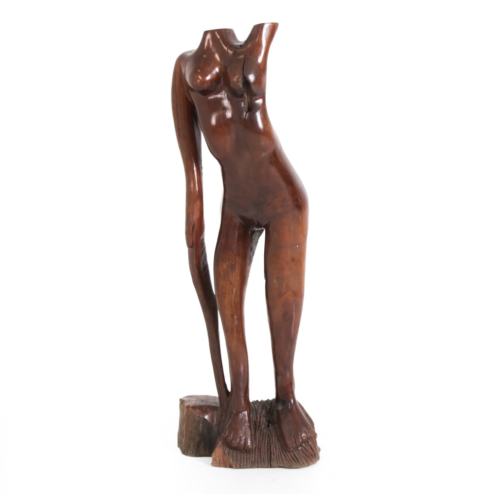VINTAGE CARVED WOOD FEMALE NUDE SCULPTURE: Dimensions: H 43/5" x W 17" x D 9" Condition: Wear consistent with age. Stress cracks, scuffs, rubs, nicks.