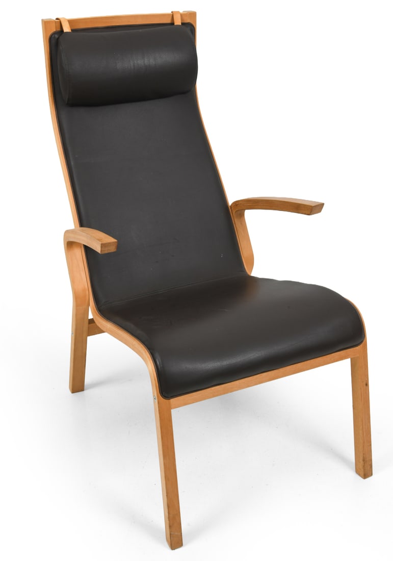 ATTR. JAKOB BERG DANISH LEATHER LOUNGE CHAIR: Leather with birch frame. Adjustable head cushion. Apparently unmarked. Denmark, 20th century. Dimensions: H 40.5" x W 24" x D 18.5" Condition: Scuffs on wood and scratches to leather. Wear consistent