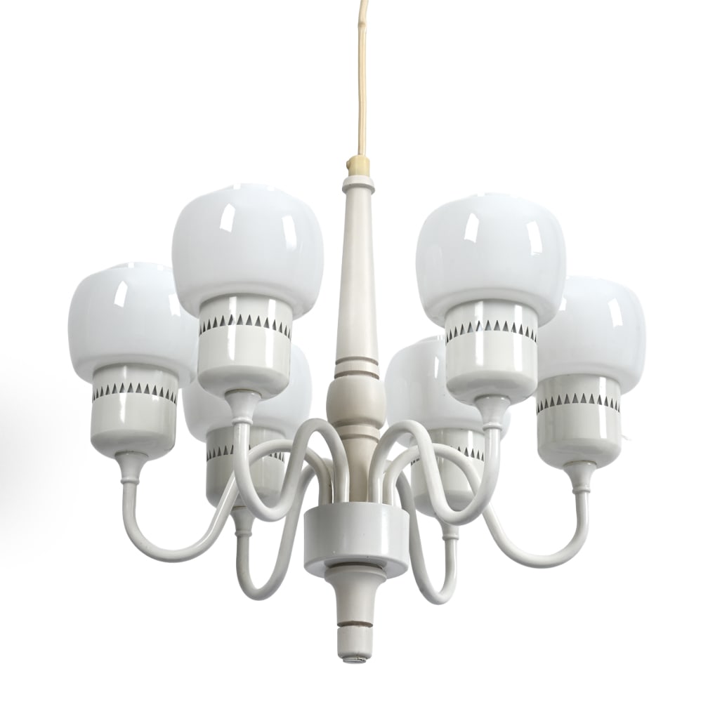 HANS-AGNE JAKOBSSON MODEL T-526 CHANDELIER 1960S: For AB Markaryd. Apparently unmarked. White enameled wood and metal with glass shades. Dimensions: H 13" x Dia. 14". Condition: Wiring untested. Light scratches to wood and metal. Wear consistent with