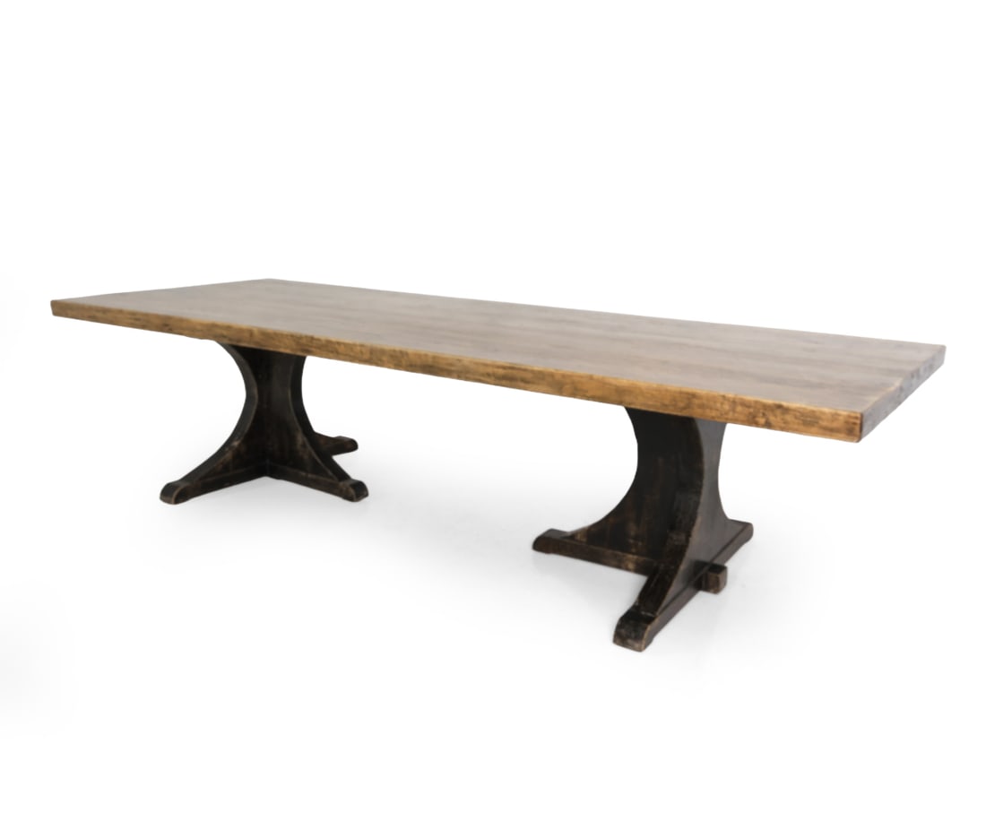 RUSTIC FARMHOUSE STYLE ELM DINING TABLE: Plank tabletop and dual pedestal trestle base in dark black finish. Dimensions: H 27" x W 118" x D 43" Condition: Base with intentionally distressed finish. Wear consistent with age and use.