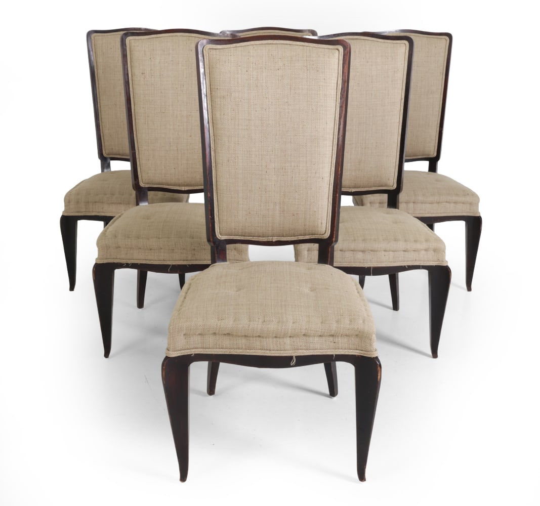 (6) LELEU STYLE FRENCH MAHOGANY DINING CHAIRS: Art Deco mahogany dining chairs In the style of Jules LeLeu. France. 20th century. Dimensions: 45.25" x W 22.25" x D 20" x SH 17.75" Condition: Scuffs, dings, scratches, wear of finish, and discolorat