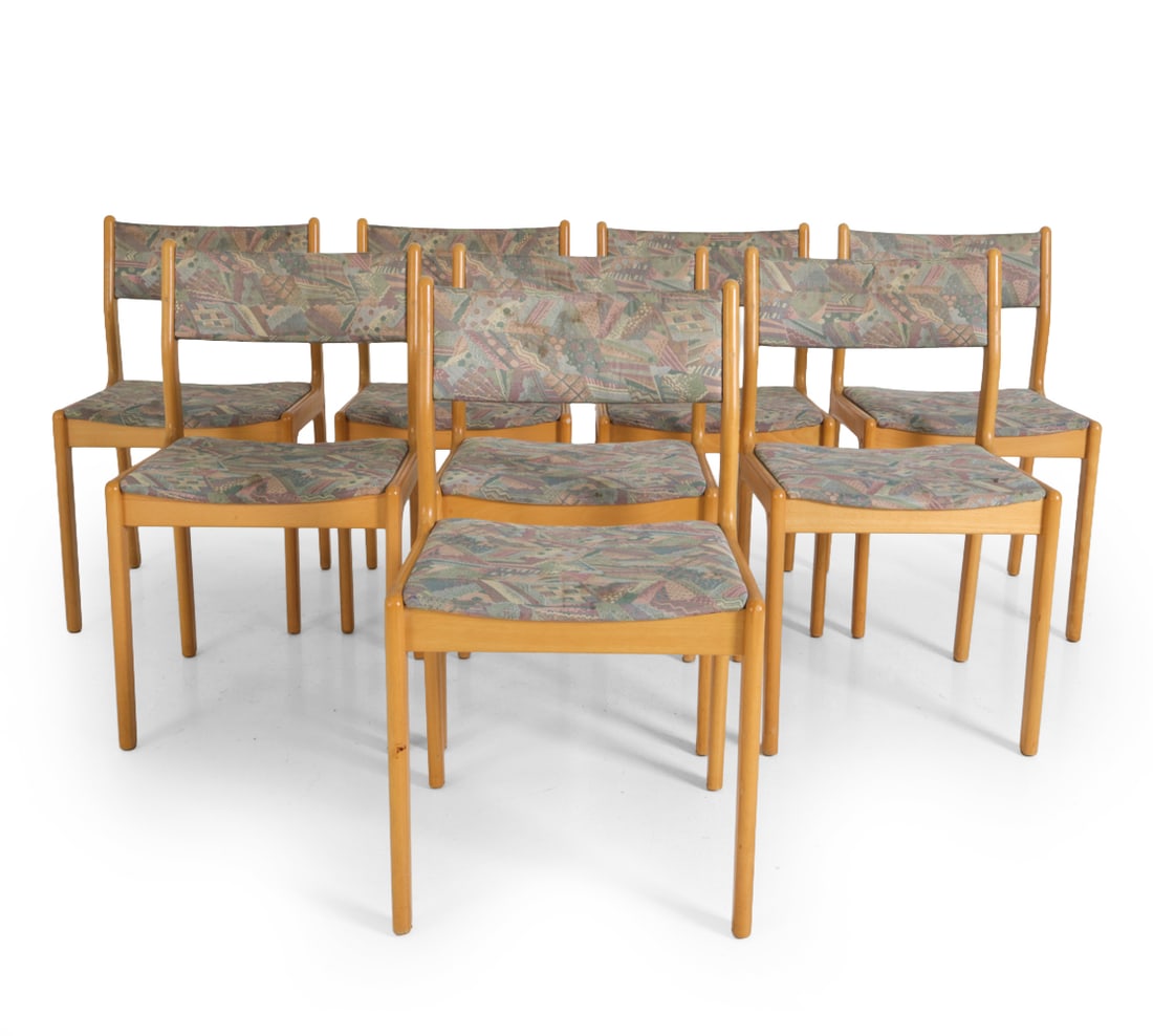 (8) ERIK BUCH FOR FINDAHLS DANISH DINING CHAIRS: Beech frame and patterned upholstery. Apparently unmarked. Denmark, circa 1960s. Dimensions: SH 18.5 '' x H 32.5 " x W 19 " x D 18 '' Condition: Wear consistent with age and use. Scuffs, scratches to 