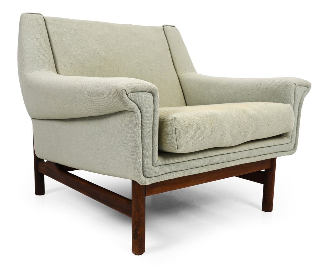 BRDR. ANDERSEN DANISH LOUNGE CHAIR C. 1960S: Rosewood frame. Marked underneath. Denmark, circa 1960s. Dimensions: H 28.5" x W 33.5" x D 32" S.H.16" Condition: Heavy discoloration. Wear consistent with age and use. Some scuffs.