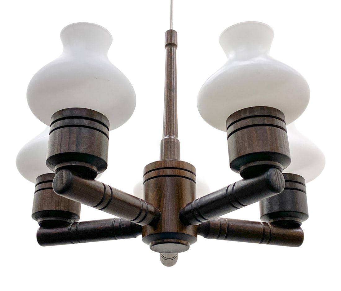 SCANDINAVIAN PINE & GLASS CHANDELIER C. 1970S (1 of 13)