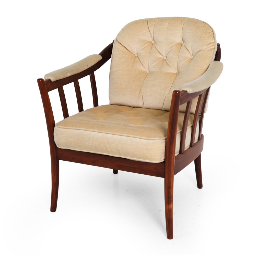 BRODERNA ANDERSSON "ANDORRA" ARMCHAIR C. 1970S: Model "Andorra". Stained beech frame with tufted velour upholstery. Apparently unmarked. Sweden, circa 1970s. Dimensions: H 31.25" x W 29" x D 31" x SH 17.25" Condition: Crack around joinery, scuffs, 