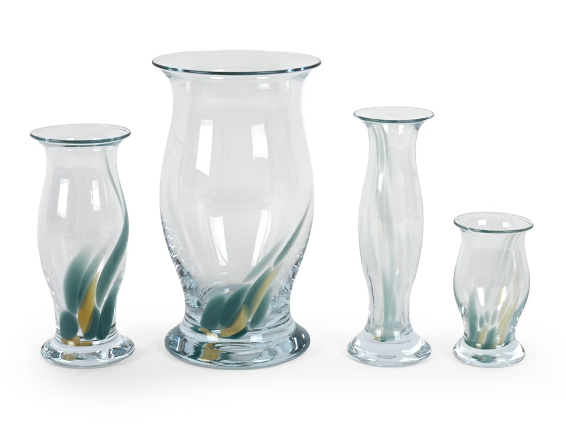 PER LUTKEN FOR HOLMEGAARD "HARMONY" GLASS VASES: (4) total. Multi-colored glass. Apparently unmarked. Denmark, 20th century. Dimensions: (Tallest) H 8.75" x W 5" Condition: Light surface scratches. Wear consistent with age and use.