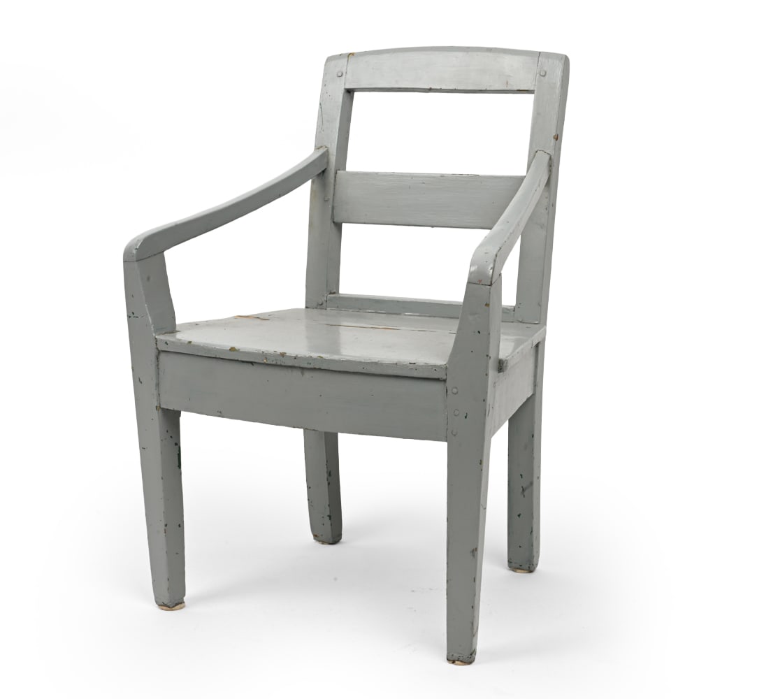 SWEDISH PAINTED PINE CHILDRENS CHAIR: Dimensions: H 21.5" x W 14.25" x D 14" Condition: Scuffs, splits to wood, discoloration, and loss to finish. Wear consistent with age and use. F121