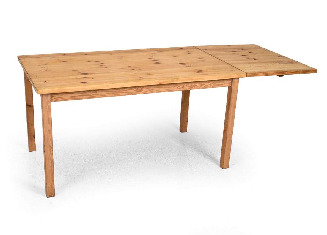 SCANDINAVIAN PINE EXTENDING DINING TABLE C. 1960S: 1 leaf included. Scandinavian, circa 1960s. Dimensions: H 29 " x W 55 " x D 33 " ( Leaf) W 23.75 " Condition: Fading and discoloration. Scuff to edge of frame. Wear consistent with age and use. 5147