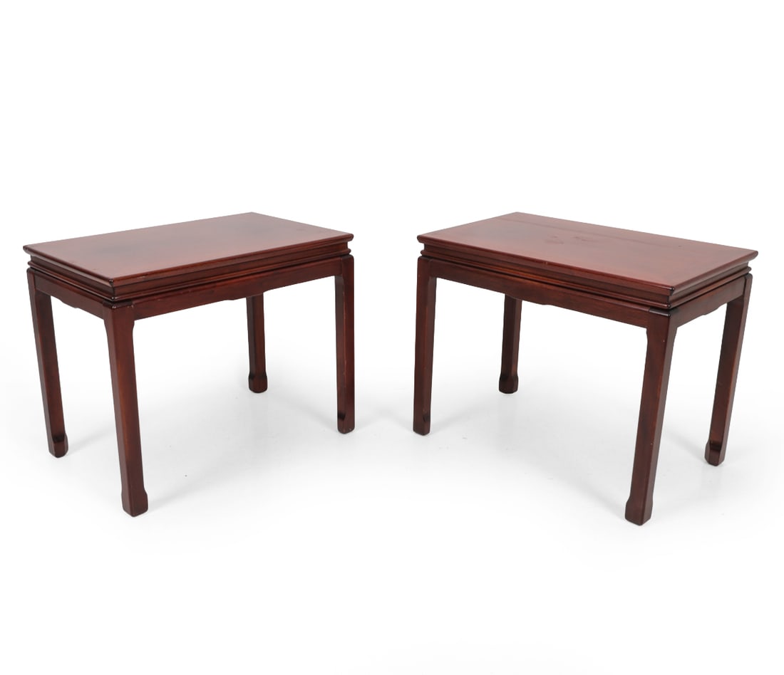 PAIR CHINOISERIE STYLE DANISH MAHOGANY SIDE TABLES: Underside retains retail label A/S Andels-Mobel-Magasinet. Denmark, circa 1960s. Dimensions: H 21" x W 25.5" x D 16.5" Condition: Wear consistent with age and use. Scuffs, nicks, rubs, minor finish lo