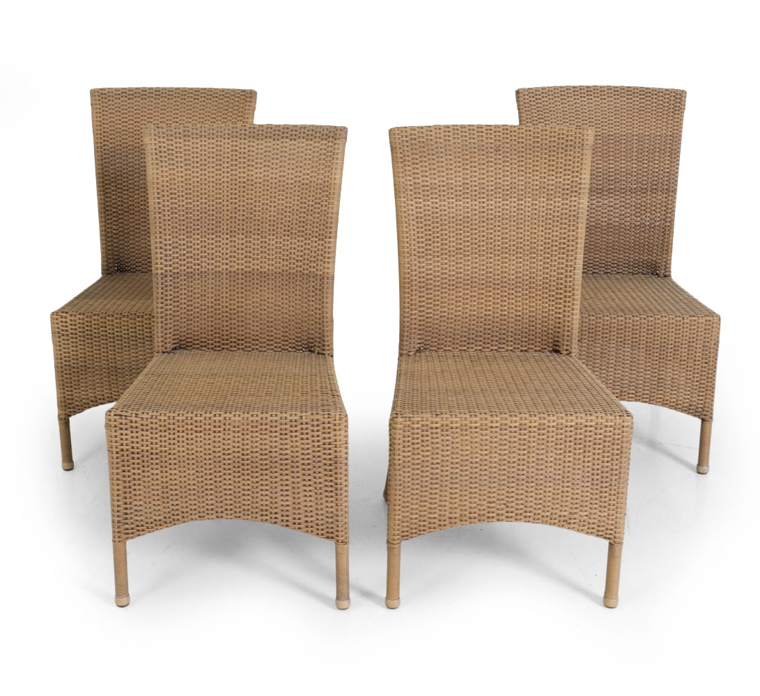 (4) SCANDINAVIAN WICKER HIGH-BACK DINING CHAIRS: Unmarked. Scandinavian, 20th century. Dimensions: H 37.5" x W 19.5" x D 22" x SH 18" Condition: Light surface wear consistent with age and use.