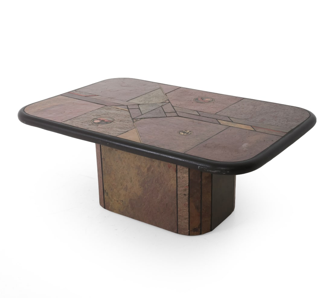 PAUL KINGMA DUTCH STONE TOP COFFEE TABLE C. 1970S: Rectangular mosaic stone top with rounded corners, geometric composition of varied stone slabs. Signed to brass inlay on top. Netherlands, Circa, 1970s. Dimensions: H 18.5? x W 47? x D 31? Condition: